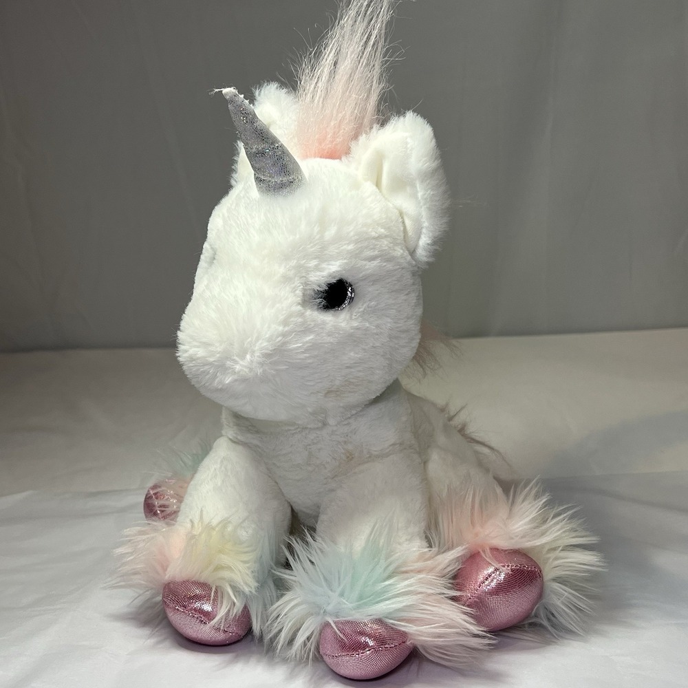 Aurora World Plush Stuffed White Pink Teal Fluffy Unicorn "Ivy"‎ 10" Big Eyes